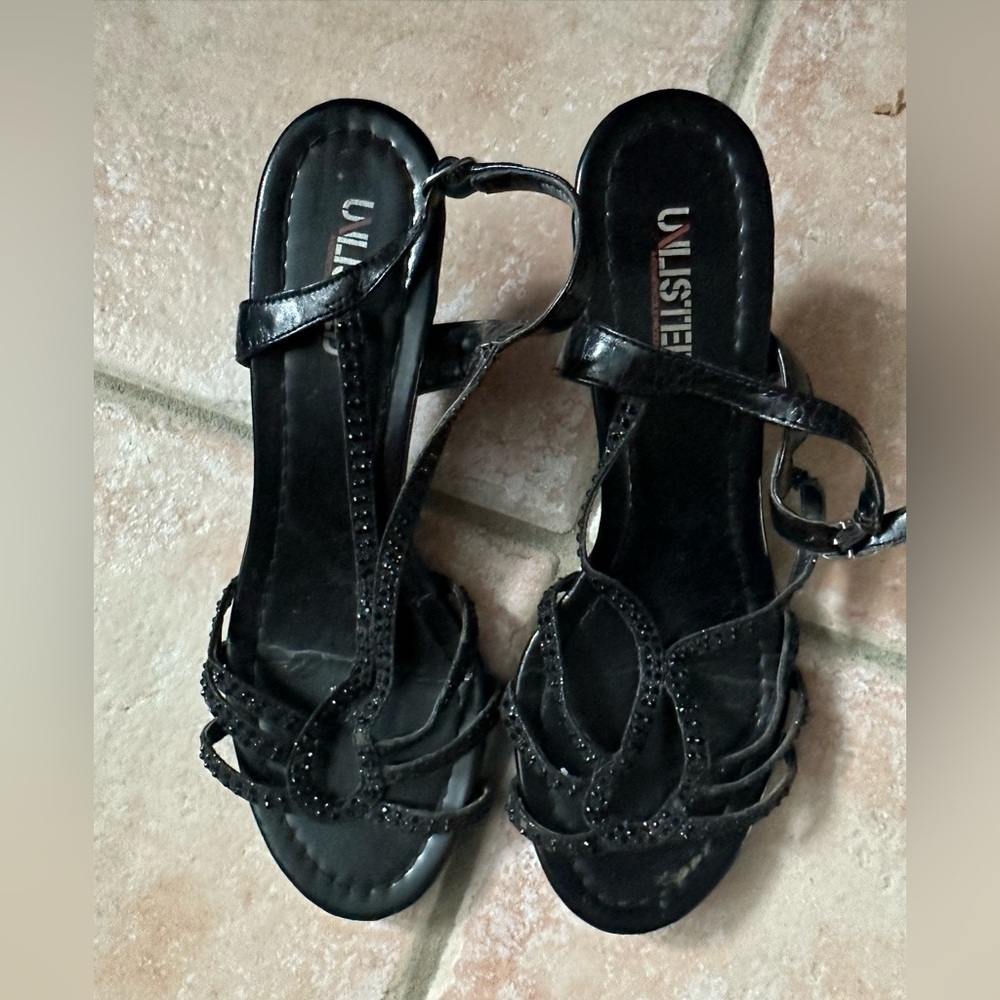 Black heels studded with black rhinestones 1 inch high heel size 9